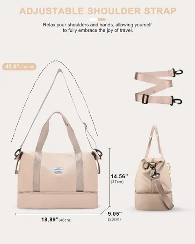 Vista 6 de Bolsa de viaje para mujer, bolsa deportiva para gimnasio, E1-beige