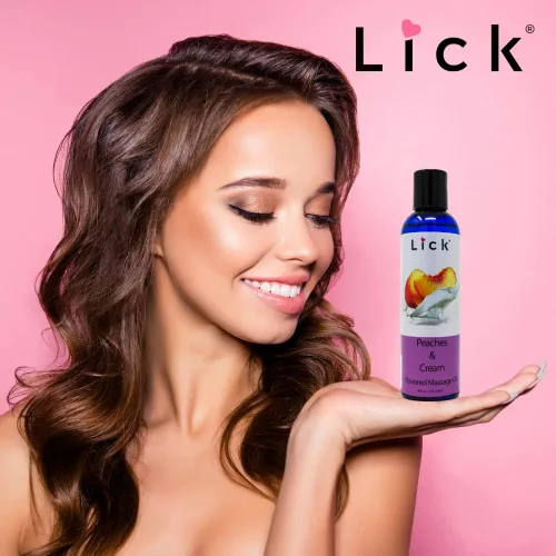Vista 5 de Lick Aceite de masaje con sabor a duraznos y crema, aceite de masaje comestible inspirado en postres dulces con vitamina E, deslizamiento suave