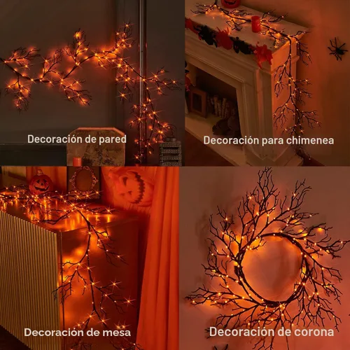 Vista 4 de Hairui - Guirnalda de Halloween con luces, 120 luces de hadas bicolor naranja y morado, 8 funciones, guirnalda negra iluminada de 6 pies, funciona
