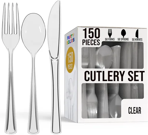 Vista 16 de Party Solids Cubiertos de plástico negro resistente, 150 piezas, cubiertos desechables negros, juegos de utensilios, 50 de cada tenedor, cuchillos