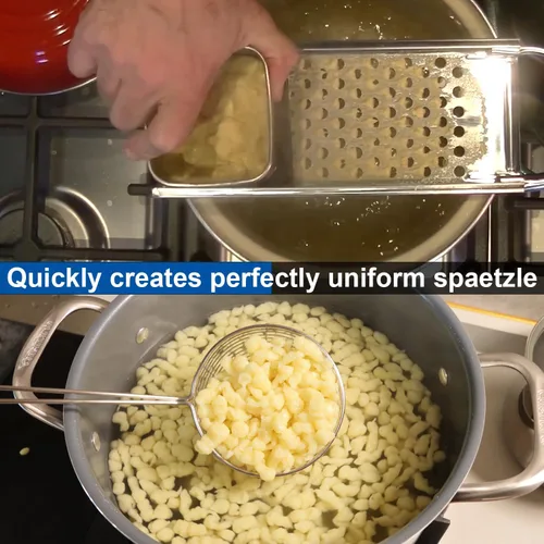 Vista 5 de Spaetzle Maker de acero inoxidable de grado premium con mango de agarre cómodo, fabricante tradicional de fideos de huevo alemán con caja de regalo
