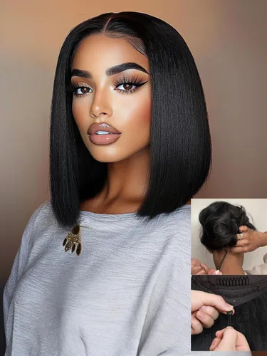 Vista 26 de Nadula Yaki - Peluca de cabello humano lacio estilo Bob con cordón y capas de enmarcar la cara, densidad del 180%, sin pegamento, 7x5 Bye Bye Knots