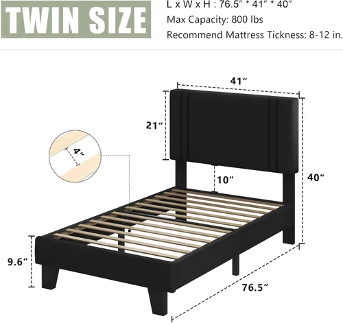 Vista 2 de Feonase Base de cama individual con plataforma doble, marco de cama individual tapizado en terciopelo, listones de madera maciza y soporte para pies
