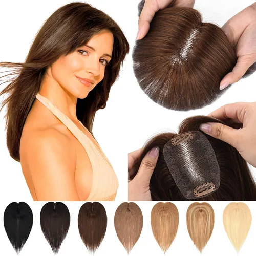 Vista 8 de JGS1996 Toppers de cabello humano real para mujer, 150% de densidad, hecha a mano, base de encaje, peluca de cabello Remy con piezas de cabello Dark