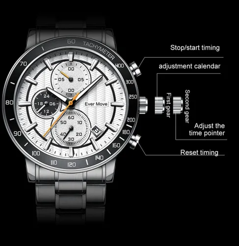 Vista 2 de Wach - Reloj analógico de cuarzo resistente al agua para hombre, resistente al agua, con correa de acero inoxidable, cronógrafo, moda