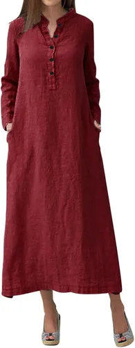 Vista 47 de Vestido de manga larga para mujer, casual, de algodón, lino, con botones, maxivestidos tipo caftán, blanco y azul
