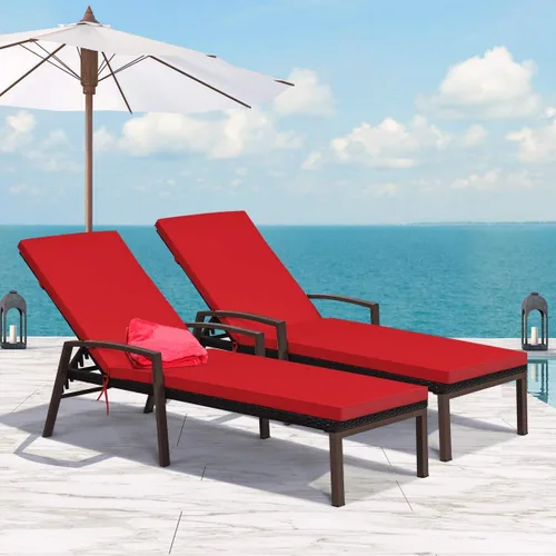 Vista 8 de RELAX4LIFE Tumbona para exteriores, silla de piscina de ratán ajustable de 5 posiciones con cojín, silla reclinable, marco de metal, tumbona de Rojo