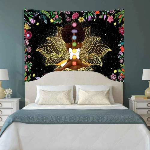 Vista 6 de Ine Ive Tapiz de chakra africano, mujer afroamericana, tapices de meditación zen, 40 x 30 pulgadas, cielo estrellado, flores, jardín, inspirador