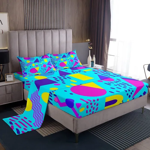 Vista 28 de Erosebridal Juego de sábanas de estilo retro de los años 80, tamaño individual, diseño geométrico abstracto, diseño moderno urbano con círculos