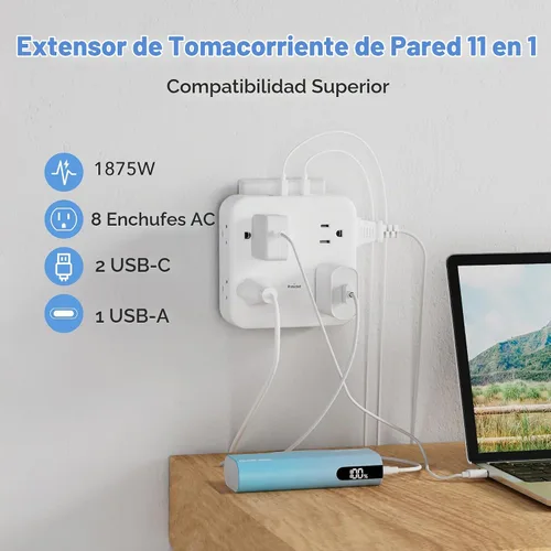Vista 2 de BN-LINK Extensor de toma de corriente múltiple con 8 tomas, 3 puertos USB (1 USB C), protector de sobretensiones de 800 julios, divisor de enchufe