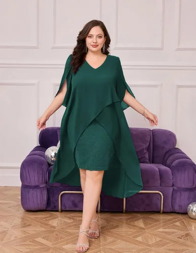 Vista 7 de Hanna Nikole Vestido de cóctel de gasa para mujer, talla grande, con volantes, manga 34, vestidos de fiesta de invitados de boda con dobladillo alto