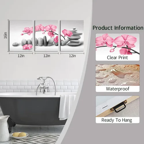 Vista 9 de SkenoArt 3 piezas de pintura de flores de orquídea, arte de pared, piedras zen, rosa, floral, impresiones de imágenes de meditación pacífica, obras