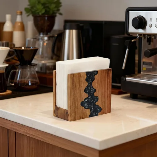 Vista 4 de Servilletero artístico, madera de acacia y resina epoxi azul con patrón de ondas oceánicas, base antideslizante gruesa para encimera de cocina