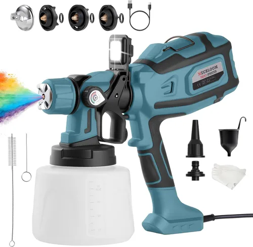 Vista 9 de Pulverizador de pintura, pistola de pulverización HVLP de 1000 W para manchas y muebles, amarillo 1400ML sprayer with 3 brass nozzles, 3 patterns