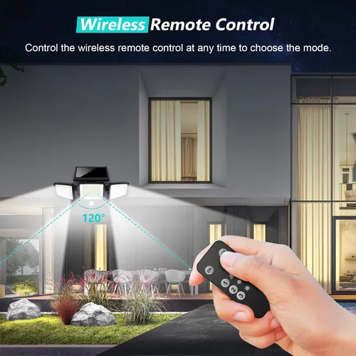 Vista 4 de Tuffenough Luces solares para exteriores de 2500 lm, 210 luces LED de seguridad con control remoto, 3 cabezales de luces con sensor de movimiento