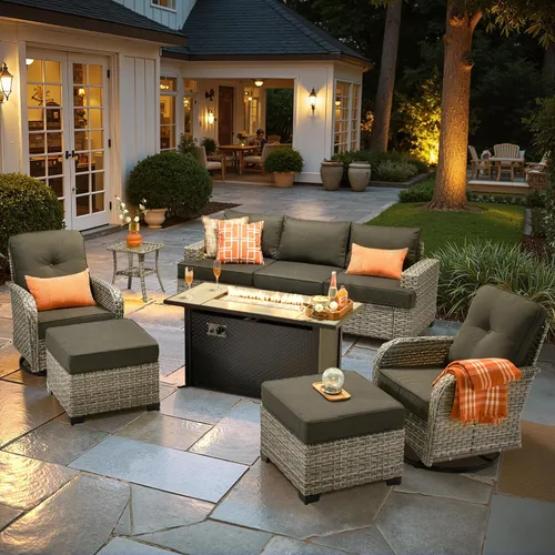 Vista 36 de HOOOWOOO Juego de muebles seccionales de patio con mesa de luz solar, 6 piezas de mimbre para exteriores, sofá en forma de L, juego de conversación