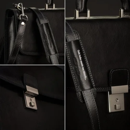 Vista 5 de Time Resistance Leather Briefcase - Italian Handmade Leather Laptop Bag - Handbag for Men - Professional Computer Case Negro