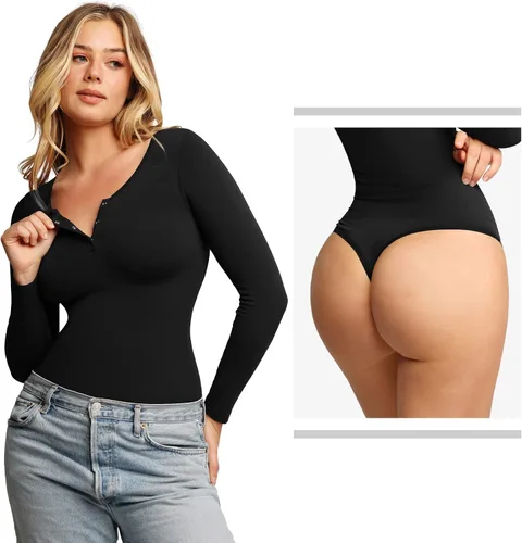Vista 2 de Popilush Body sin costuras para mujer de manga larga con tanga y brasier integrado, ropa básica