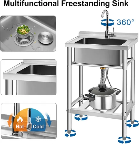 Vista 4 de YORKING Fregadero de acero inoxidable, fregadero de cocina de un solo tazón con tubo de agua fría y caliente para lavandería, granja