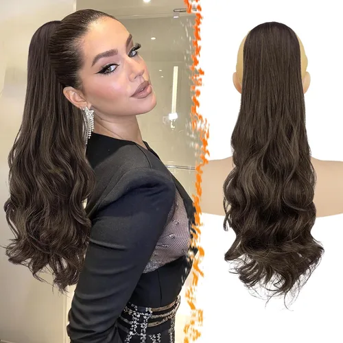 Vista 9 de BARSDAR Extensión de cola de caballo con cordón ondulado negro y marrón – 20 pulgadas con clip de cordón para mujer, extensiones de cabello Negro