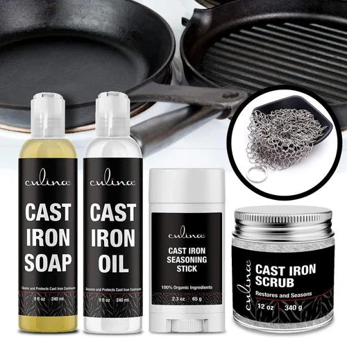 Vista 4 de Culina Barra de condimentos de hierro fundido, acondicionador de jabón y aceite y exfoliante restaurador y limpiador de acero inoxidable Todos