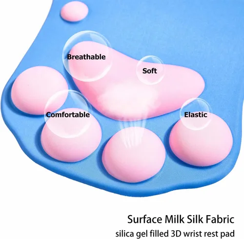 Vista 2 de Alfombrilla de mouse ergonómica con diseño de pata de gato, con soporte para muñeca, gel de silicona, diseño lindo y kawaii, azul y rosa, hogar