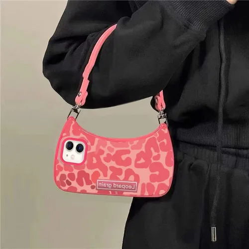 Vista 2 de Funda compatible con iPhone 11, bonita funda estética con estampado de leopardo rosa en forma de cartera con correa y cadena a prueba de golpes