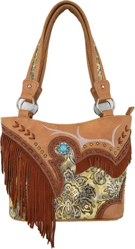Vista 2 de Estilo occidental Fringe Conchos Gema Rhinestone tachonado tejido cuero bolso país bolso mujeres hombro cartera conjunto