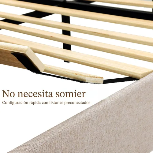 Vista 5 de Yechen Marco de cama de madera de tamaño matrimonial con cabecero, postes de madera maciza y plataforma de pies, no necesita somier, lino beige