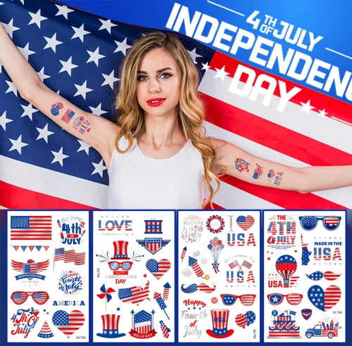 Vista 5 de Decoraciones del 4 de julio, tatuajes temporales, 8 hojas impermeables para el Día de la Independencia, tatuajes falsos adhesivos patrióticos