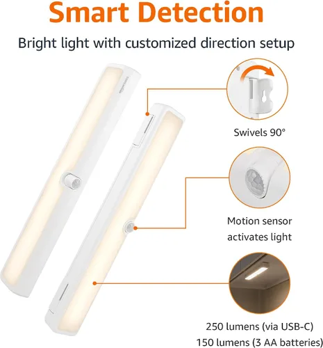 Vista 2 de Amazon Basics Barra de luz LED USB/funciona con pilas, sensor de movimiento giratorio, luces adhesivas, 250 lúmenes, 12 pulgadas, iluminación debajo