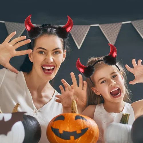 Vista 6 de LOMIMOS Halloween Red Devil Horns Headband, Demon Hairband with Plush Costume Accessories for Kids Women Men Party Fancy Dress Cosplay Festival