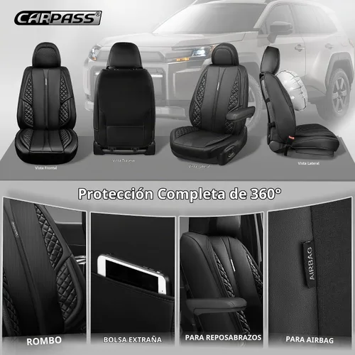 Vista 4 de CAR PASS Juego completo de fundas de asiento de automóvil de piel de napa para automóvil, protector de asiento de lujo para automóviles, Negro