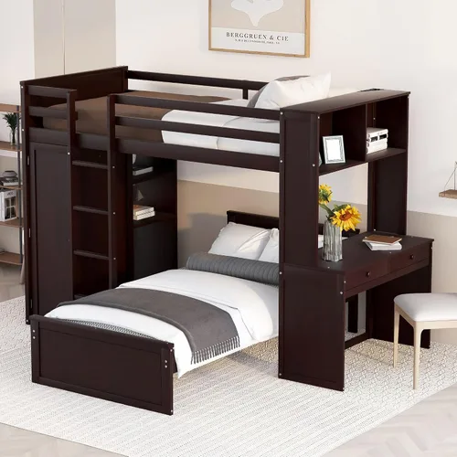 Vista 11 de Cama loft multifuncional de tamaño matrimonial con escritorio integrado, 6 cajones de almacenamiento y estante, marco de cama de madera con escalera