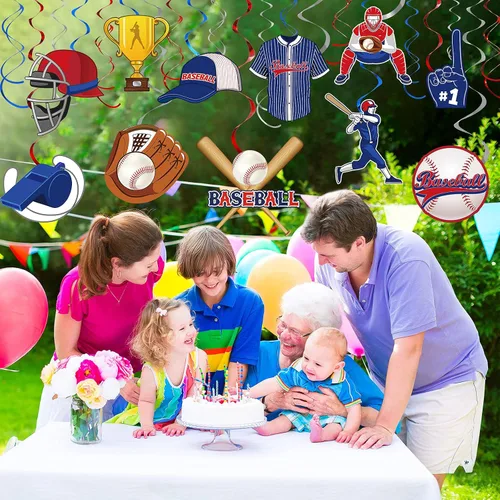 Vista 5 de Clabby 51 piezas de remolinos colgantes de béisbol decoraciones de béisbol fiesta de cumpleaños serpentinas de techo para niños adultos deportes