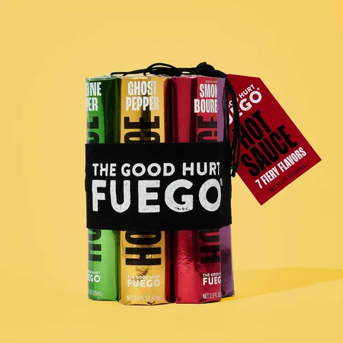 Vista 8 de The Good Hurt Fuego, juego de regalo de muestra de salsa picante, incluye 7 botellas en sabores exóticos, paquete variado de salsa picante