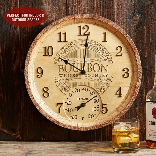 Vista 6 de Taylor Bourbon Barrel - Reloj y termómetro de poliresina para interiores y exteriores, decoración del hogar para jardín, patio, piscina y áreas