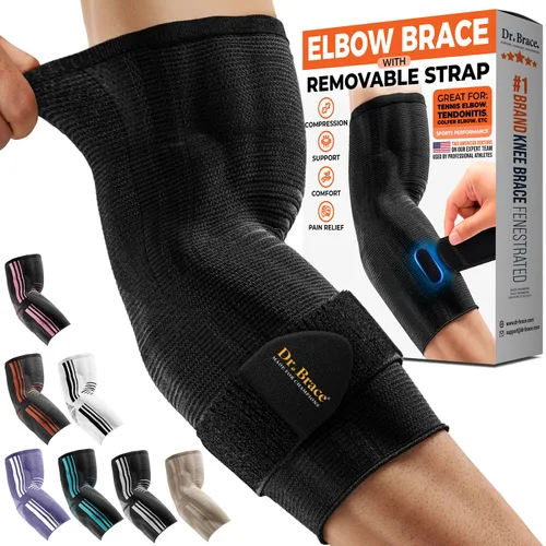Vista 6 de DR. BRACE Elite - Codera, manga de compresión transpirable para codo con correa extraíble para golfistas, tratamiento de codo de tenista