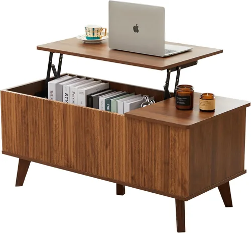 Vista 8 de Mesa auxiliar bohemia con tapa elevable con almacenamiento para sala de estar, dormitorio, mesa auxiliar rectangular baja acanalada con cajones