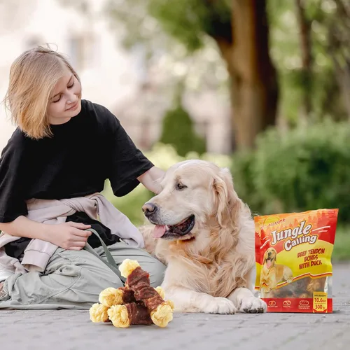 Vista 9 de Jungle Calling Tendones de Res para Perros, Tendones Envueltos en Pato, Masticables para Perros de Larga Duración, Suplemento para Cadera