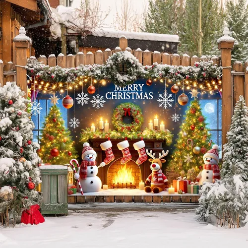 Vista 7 de BlissYard Pancarta de Fondo Navideño Escena de Chimenea con Muñeco de Nieve Reno Medias Guirnalda Árbol Regalos Decoración de Fiesta Navideña 71×43
