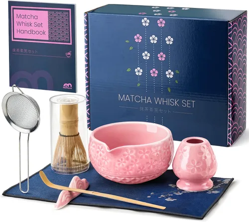 Vista 8 de Juego de batidor de matcha, kit de cerámica y cazador de bambú hecho a mano Complete 5 Pcs Matcha Set Whisk and Bowl, Stainless Steel Sifter