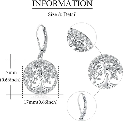 Vista 2 de Aniu Aretes colgantes de árbol de la vida, flor, turquesa, ópalo azul, malaquita, ágata musgo, lágrima, para mujer, plata de ley, aniversario