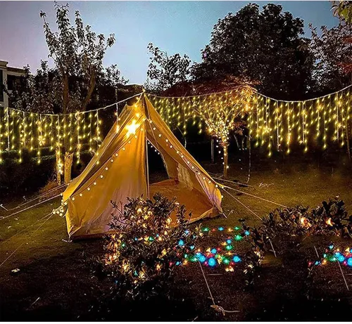 Vista 4 de 304 luces LED solares de carámbano de Navidad para decoración al aire libre, 8 modos de luces impermeables para exteriores, vacaciones, patio Blanco