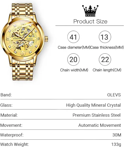 Vista 6 de OLEVS Men's Automatic Watch, Luxury Skeleton Large Face Roman Numerals Self Winding Watch, Gold Silver Stainless Steel Watches for Men