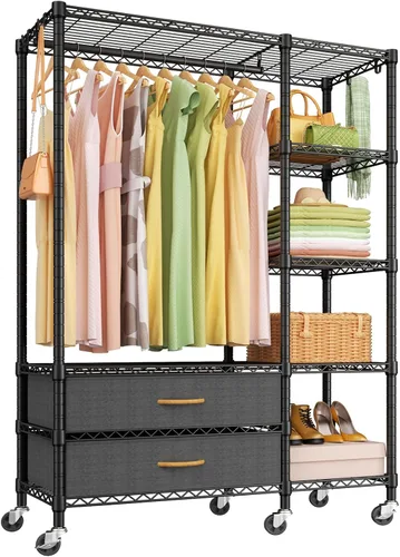 Vista 9 de Ulif F3 Perchero de Servicio Pesado (con cajones de tela), percheros independientes para colgar ropa, sistema organizador de armario ajustable
