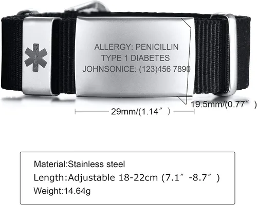 Vista 5 de Pulseras de identificación médica personalizadas para hombres y mujeres pulseras de alerta médica de emergencia grabado gratuito pulsera de nailon