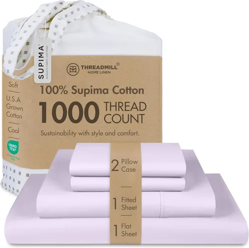 Vista 14 de Threadmill Sábanas de lujo de algodón Supima, sábanas de 100% algodón suave de 1000 hilos de lujo para cama tamaño matrimonial, juego de 4 sábanas