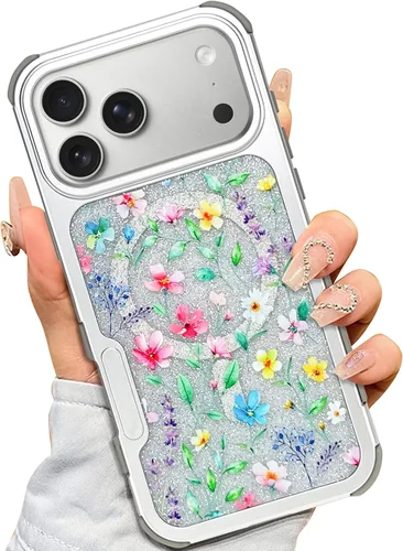 Vista 17 de AIGOMARA Magnetic Case for iPhone 16 Pro, Striped Floral - Black Black - Striped Floral