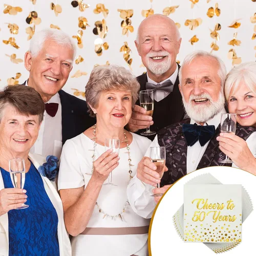 Vista 5 de Qilery 100 servilletas de papel de aluminio dorado para decoración de cumpleaños, aniversario y cumpleaños, servilletas de cóctel plegadas de 6.5 x